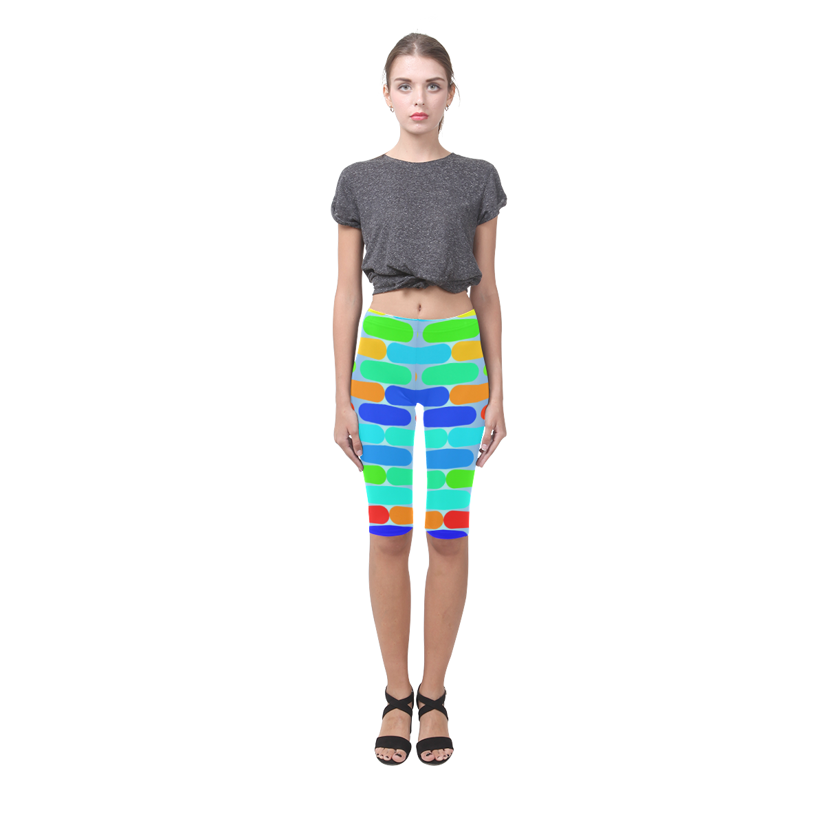 Colorful shapes on a blue background Hestia Cropped Leggings (Model L03)