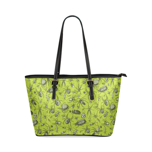 bugs spiders creepy crawlers halloween green Leather Tote Bag/Large (Model 1640)