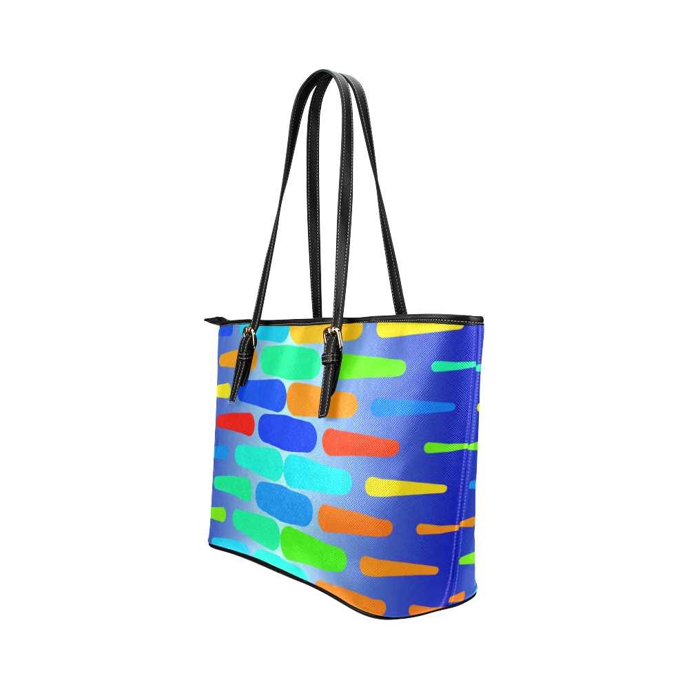 Colorful shapes on a blue background Leather Tote Bag/Large (Model 1651)