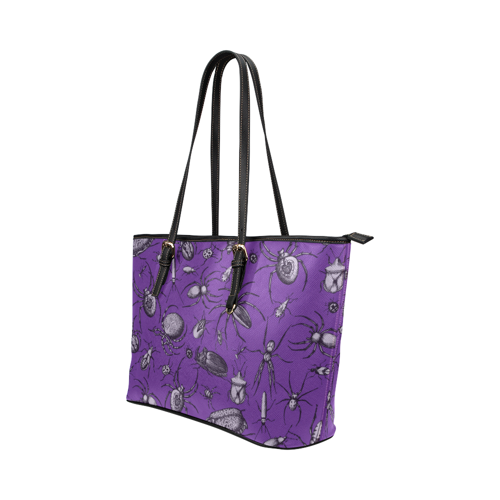 spiders creepy crawlers bugs purple halloween Leather Tote Bag/Small (Model 1651)