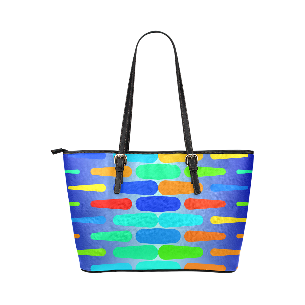 Colorful shapes on a blue background Leather Tote Bag/Large (Model 1651)