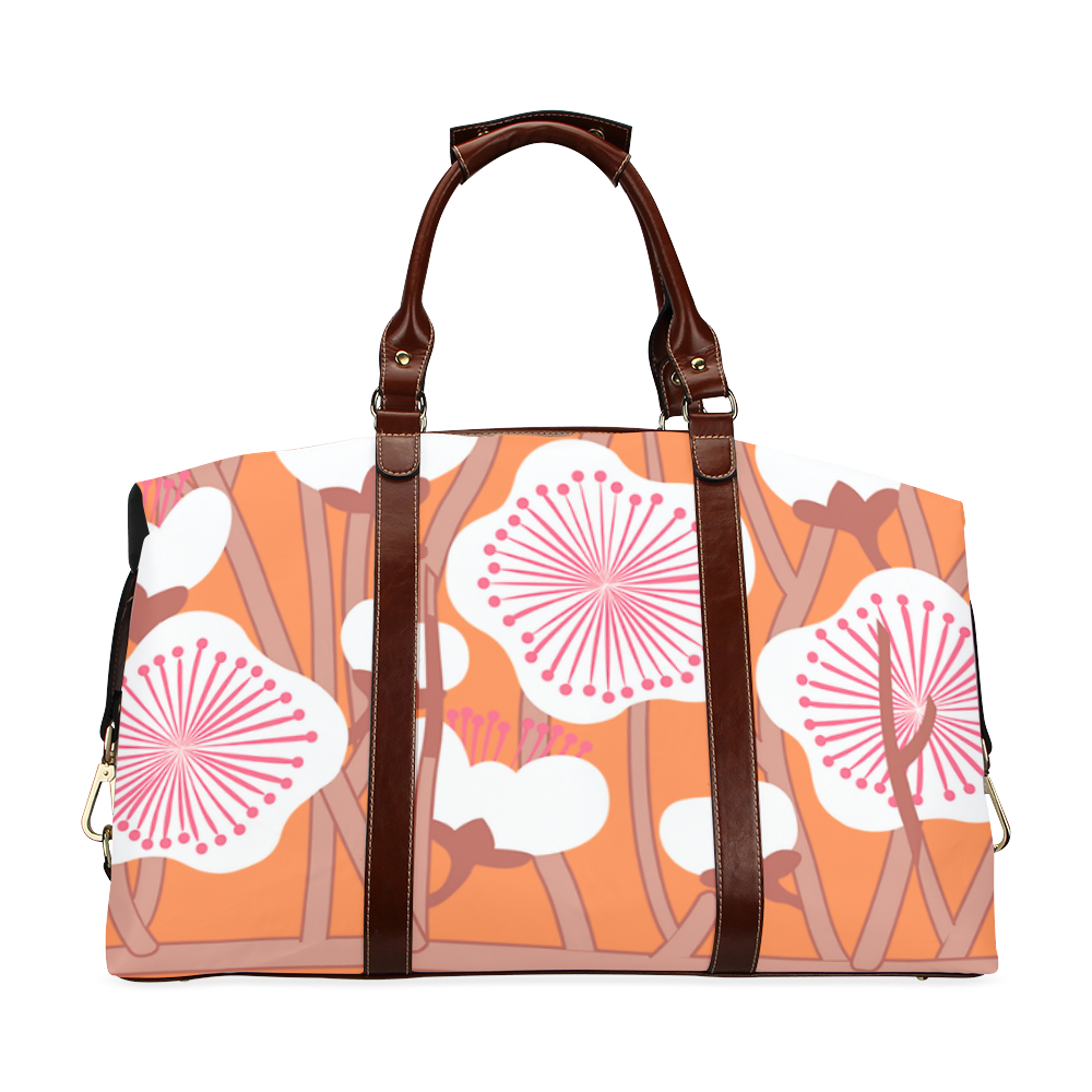 Elegant white flowers on orange Zakka style floral pattern Classic Travel Bag (Model 1643) Remake