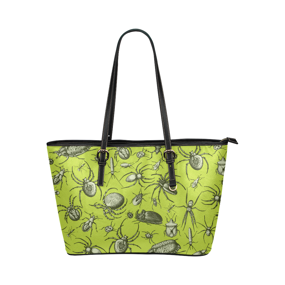 bugs spiders creepy crawlers halloween green Leather Tote Bag/Small (Model 1651)
