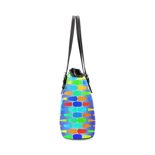 Colorful shapes on a blue background Leather Tote Bag/Large (Model 1640)