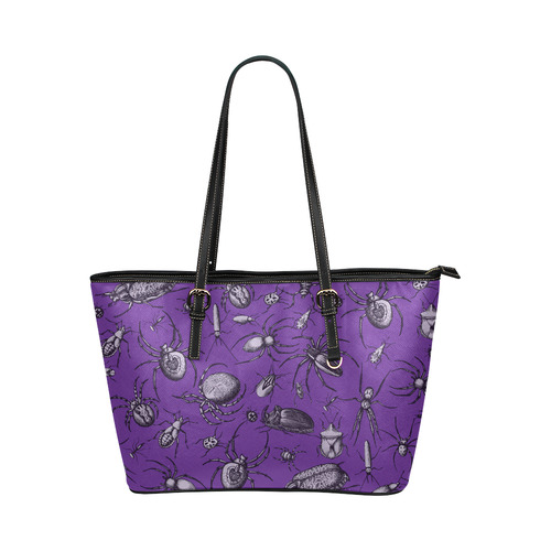 spiders creepy crawlers bugs purple halloween Leather Tote Bag/Small (Model 1651)