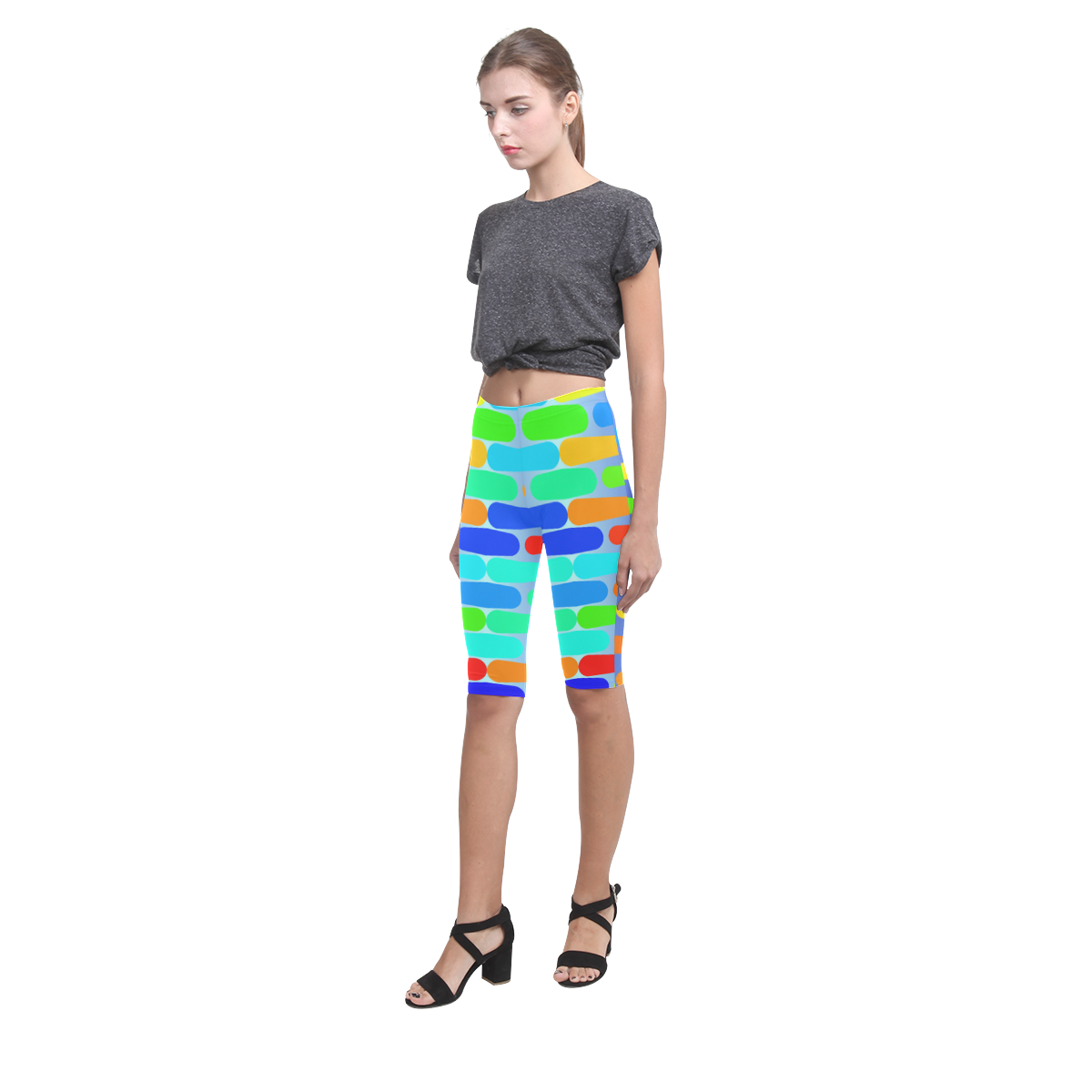 Colorful shapes on a blue background Hestia Cropped Leggings (Model L03)