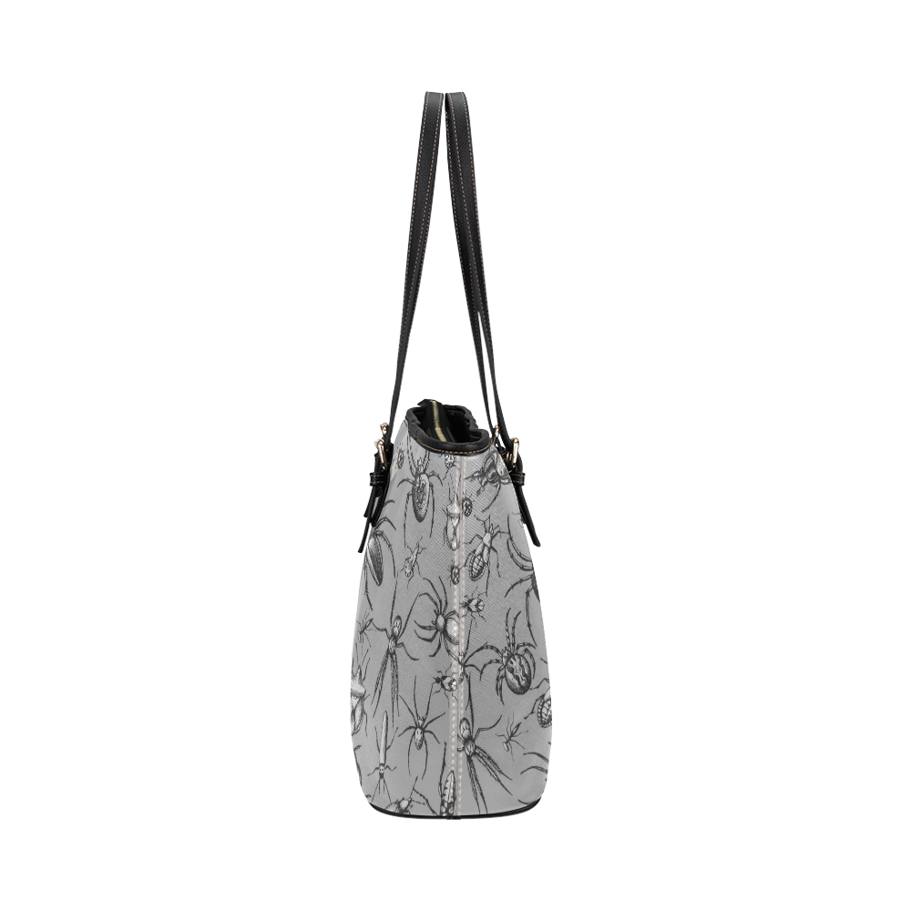 beetles spiders creepy crawlers bugs grey Leather Tote Bag/Small (Model 1651)