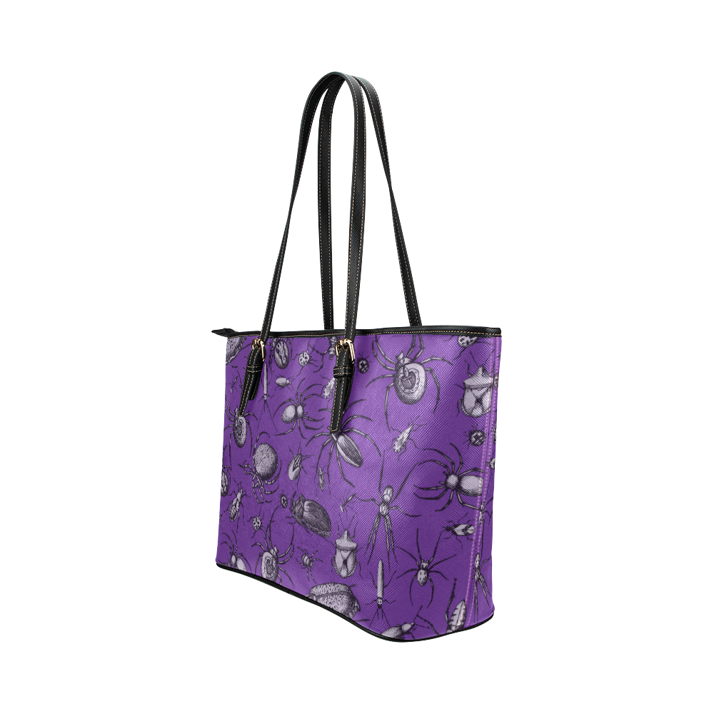 spiders creepy crawlers bugs purple halloween Leather Tote Bag/Small (Model 1651)