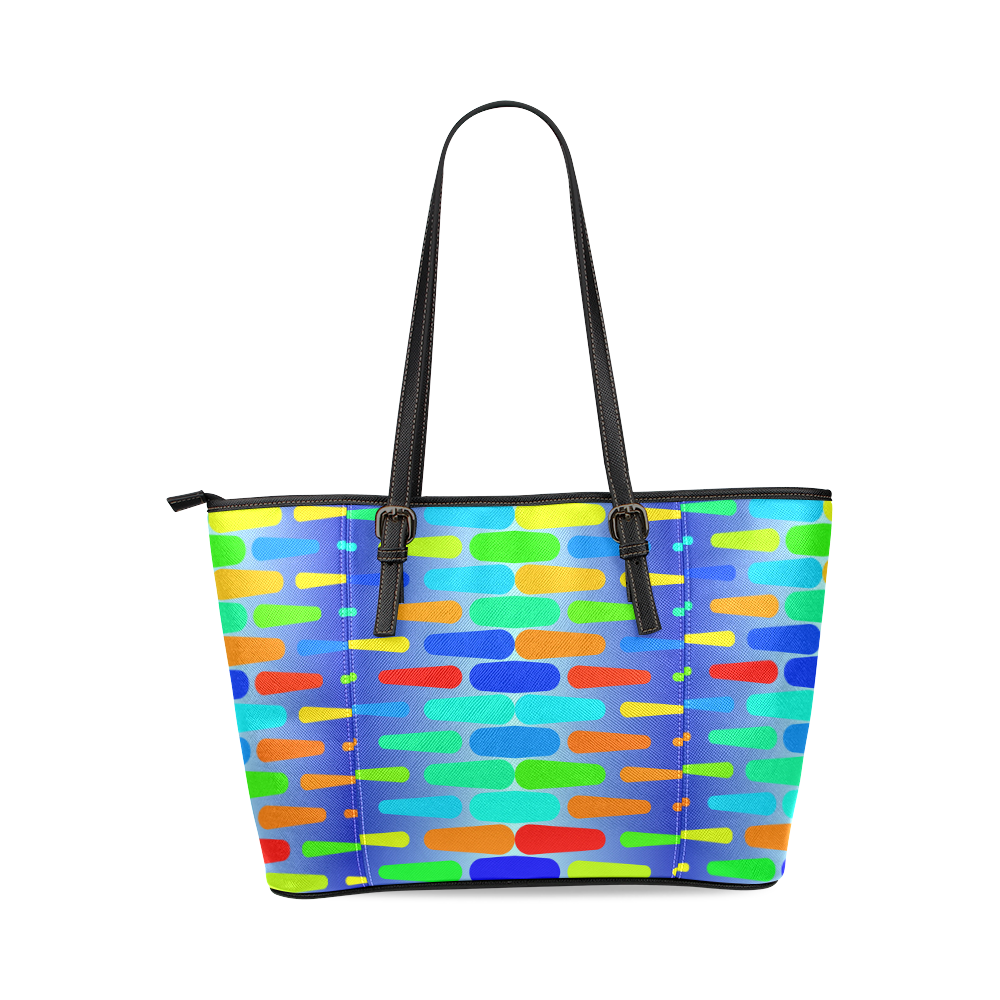 Colorful shapes on a blue background Leather Tote Bag/Large (Model 1640)