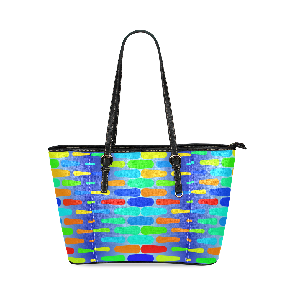 Colorful shapes on a blue background Leather Tote Bag/Large (Model 1640)
