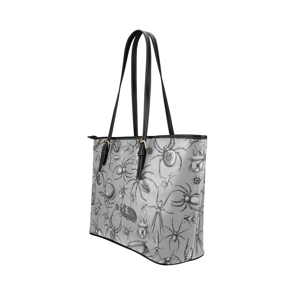 beetles spiders creepy crawlers bugs grey Leather Tote Bag/Small (Model 1651)