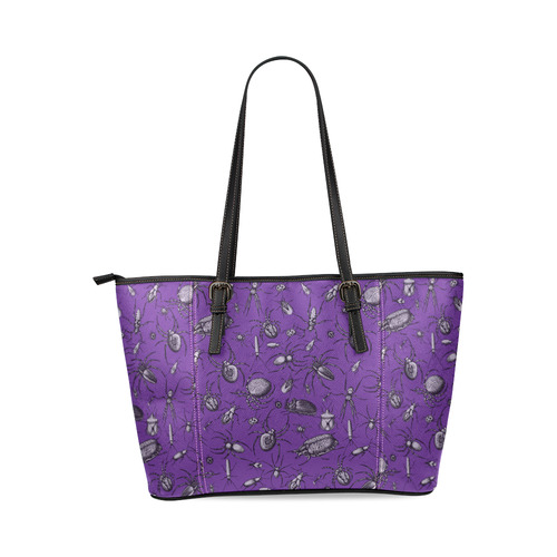 spiders creepy crawlers bugs purple halloween Leather Tote Bag/Large (Model 1640)