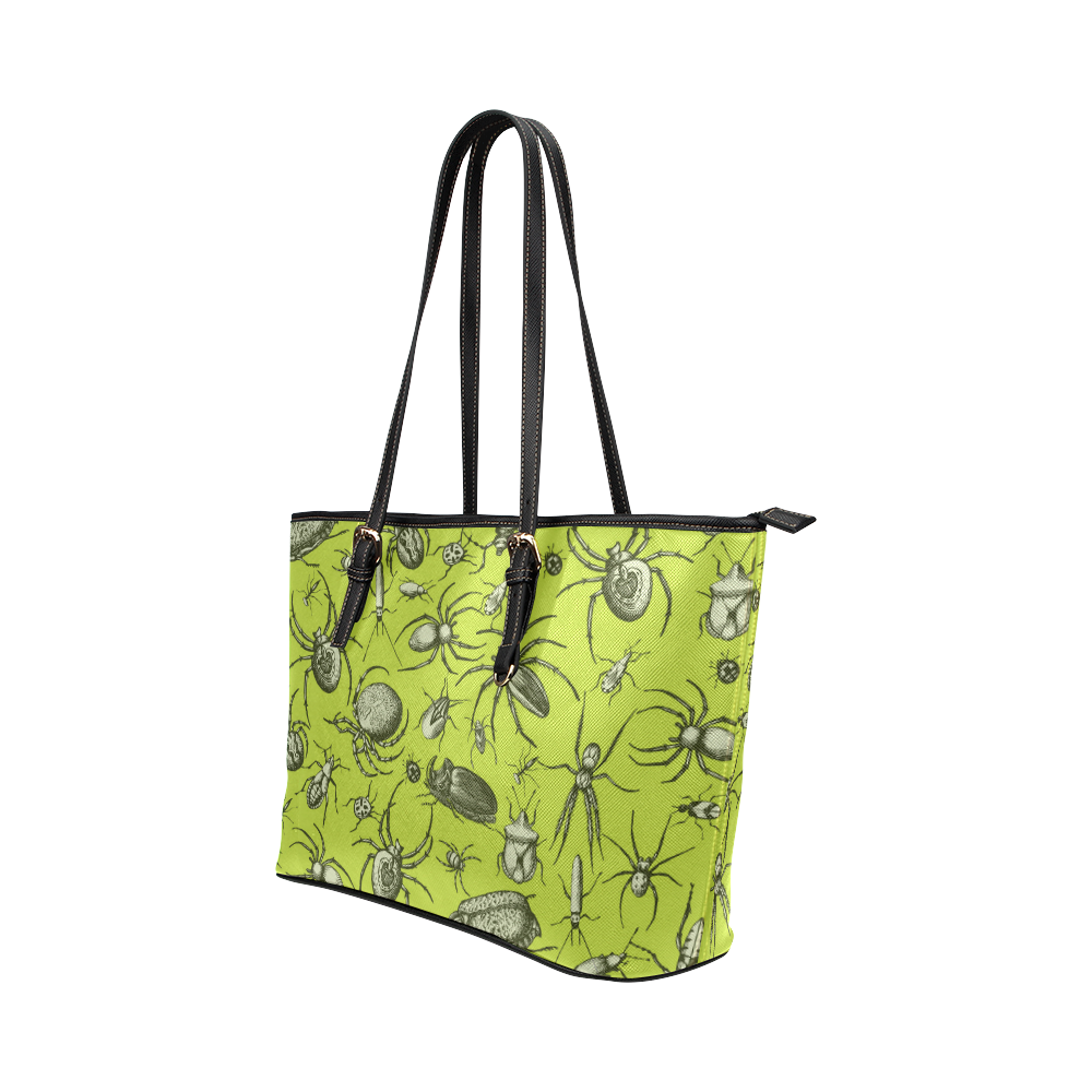 bugs spiders creepy crawlers halloween green Leather Tote Bag/Small (Model 1651)