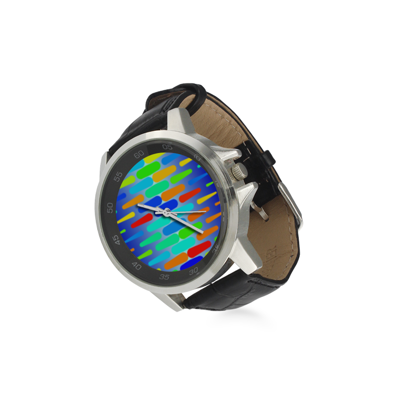 Colorful shapes on a blue background Unisex Stainless Steel Leather Strap Watch(Model 202)