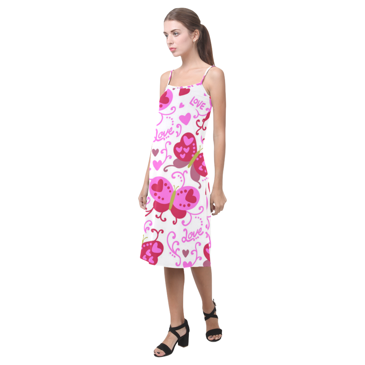 Cute Pink Hearts Butterfly Love Pattern Alcestis Slip Dress (Model D05)