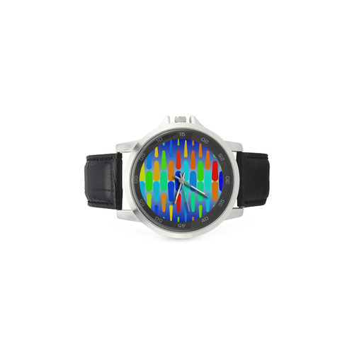 Colorful shapes on a blue background Unisex Stainless Steel Leather Strap Watch(Model 202)