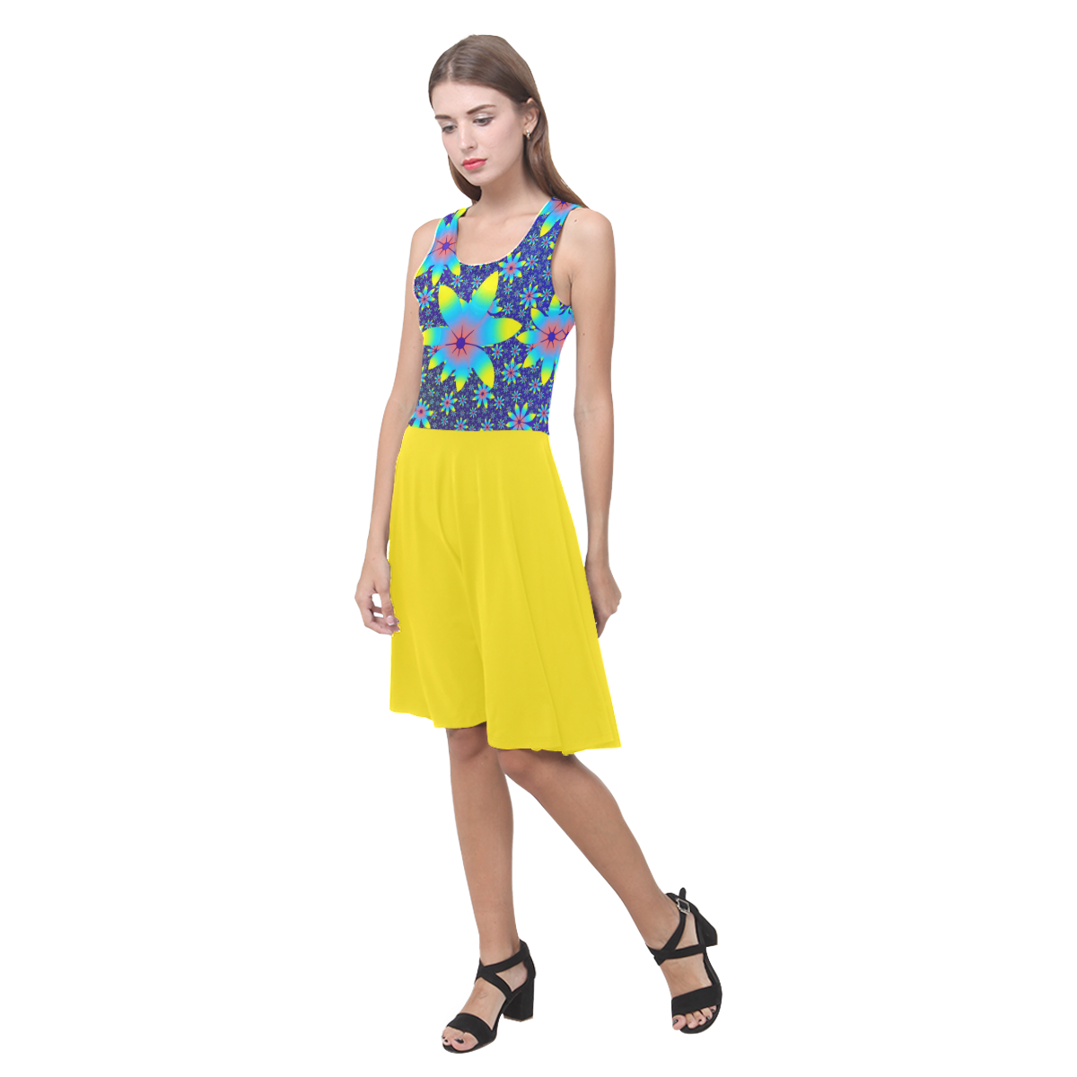 Blue Floral Dance and Blazing Yellow Atalanta Casual Sundress(Model D04)