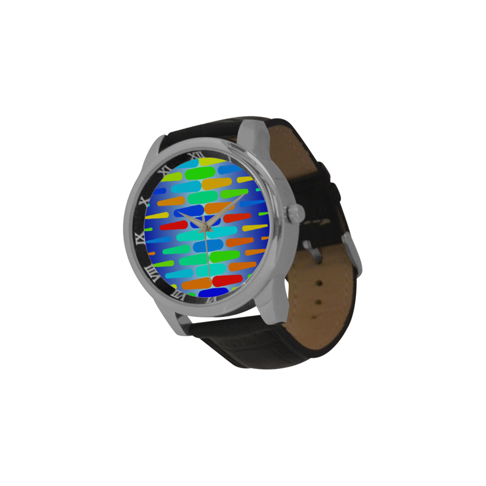 Colorful shapes on a blue background Men's Leather Strap Large Dial Watch(Model 213)