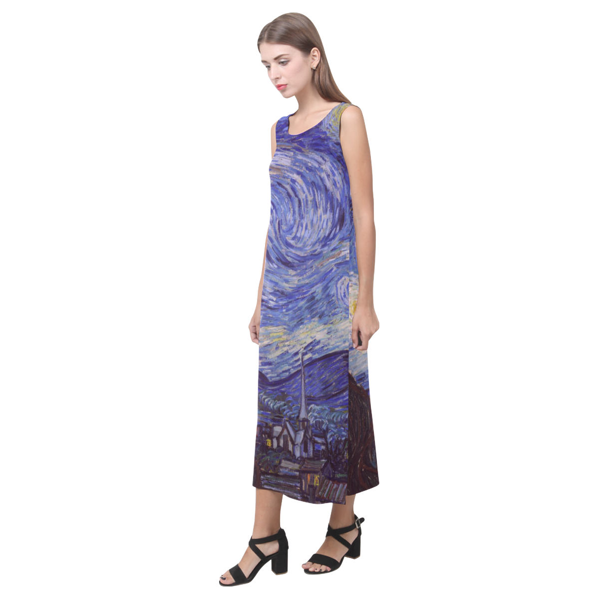 Vincent Van Gogh Starry Night Phaedra Sleeveless Open Fork Long Dress (Model D08)