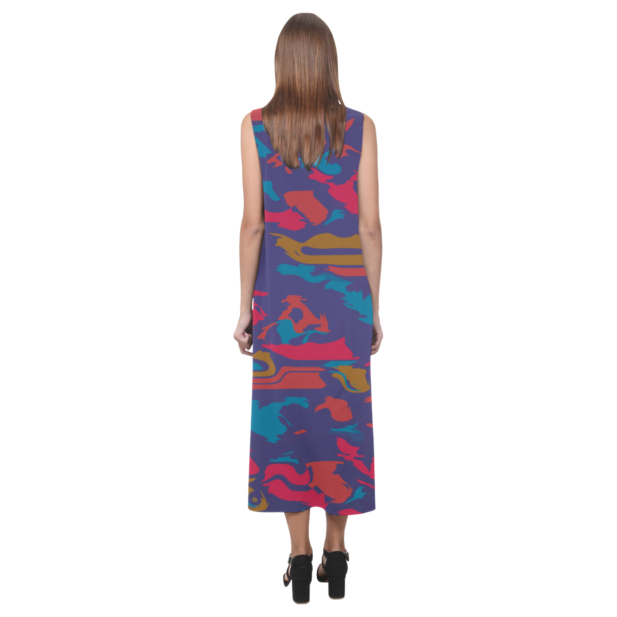 Chaos in retro colors Phaedra Sleeveless Open Fork Long Dress (Model D08)