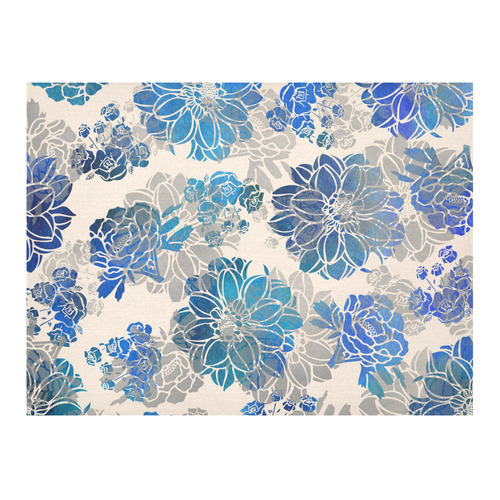 Flowers - Creme and Blue Cotton Linen Tablecloth 52"x 70"