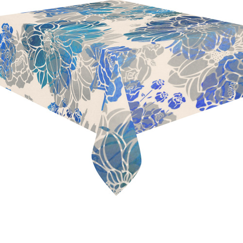 Flowers - Creme and Blue Cotton Linen Tablecloth 52"x 70"