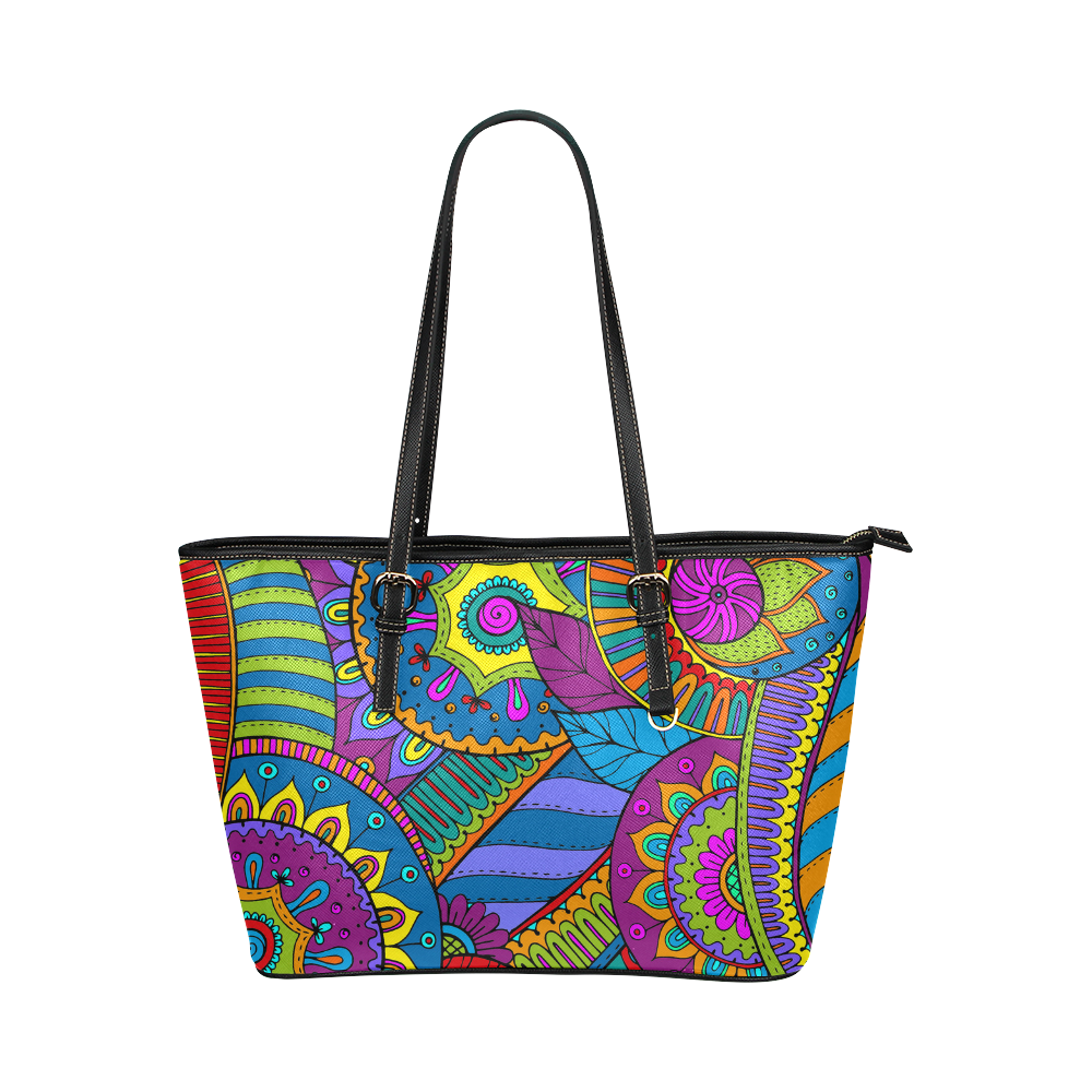 Pop Art PAISLEY Ornaments Pattern multicolored Leather Tote Bag/Large (Model 1651)