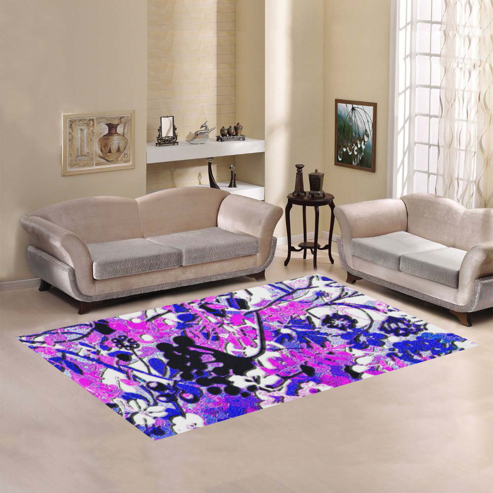 Wacky Retro Floral Abstract in Shades of Blue and Pink Area Rug7'x5'
