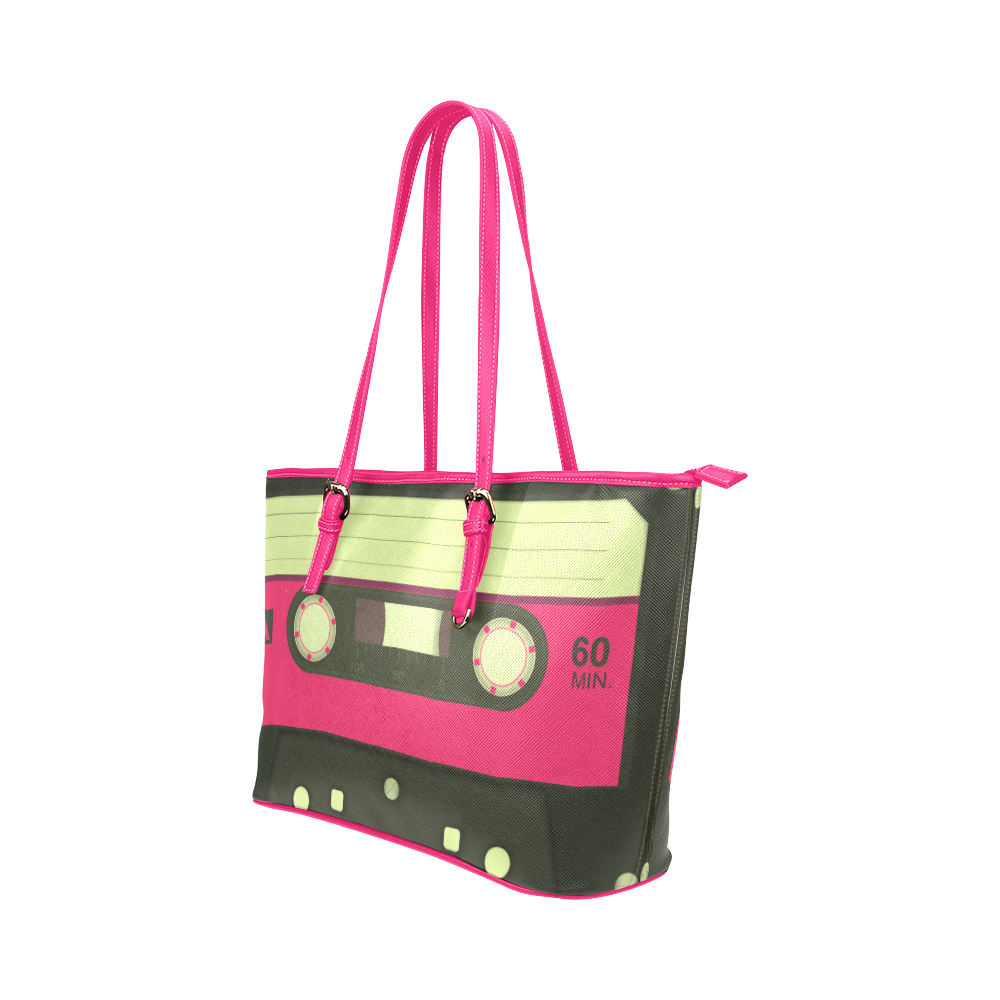 Pink Cassette Tape Leather Tote Bag/Large (Model 1651)