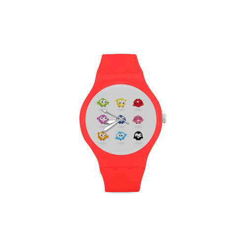 RUBBER Watches red designers Edition with crazy Birds. Original hand-drawn illustration. Unisex Round Rubber Sport Watch(Model 314)