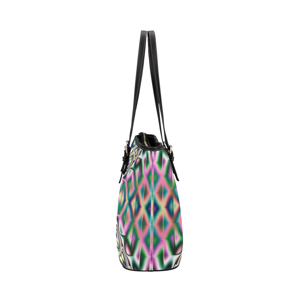 Pink Green and Gold Hologram Fractal Leather Tote Bag/Large (Model 1651)