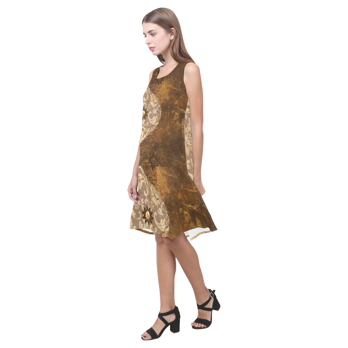 Wonderful brown vintage design Sleeveless Splicing Shift Dress(Model D17)