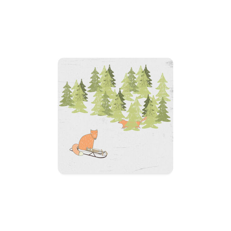 Fox wild animal cute forest winter - Watercolor illustration Square Coaster
