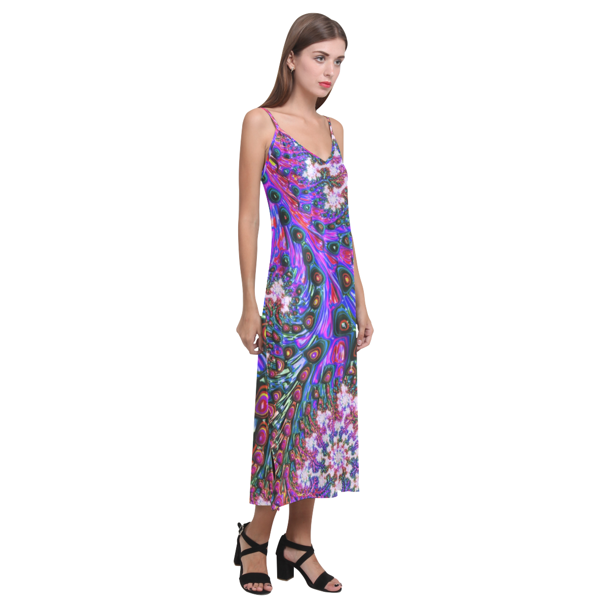 more colors in life fractal 24B V-Neck Open Fork Long Dress(Model D18)