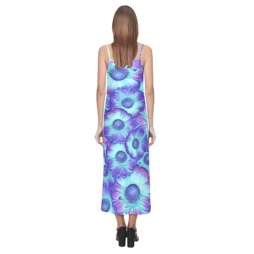 flashy blue flowers V-Neck Open Fork Long Dress(Model D18)