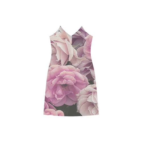 great garden roses pink V-Neck Open Fork Long Dress(Model D18)