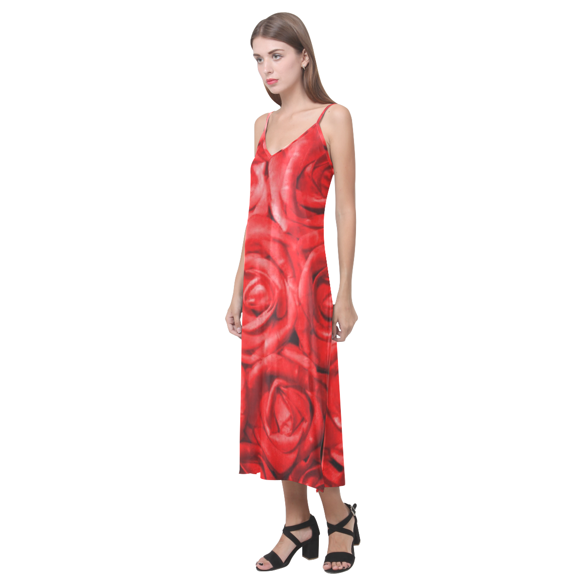 gorgeous roses L V-Neck Open Fork Long Dress(Model D18)