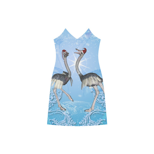 Dancing for christmas, cute ostrichs V-Neck Open Fork Long Dress(Model D18)