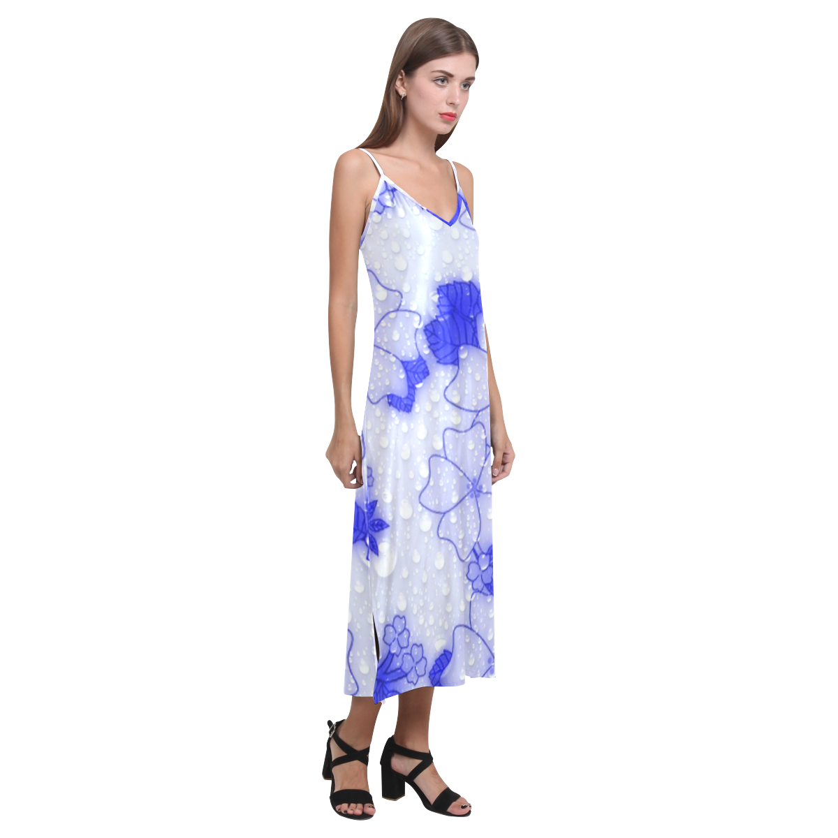 wet floral Pattern, blue V-Neck Open Fork Long Dress(Model D18)