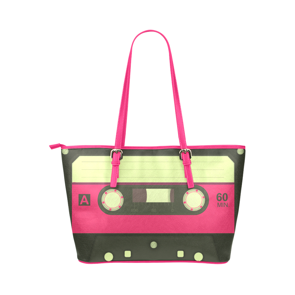 Pink Cassette Tape Leather Tote Bag/Large (Model 1651)