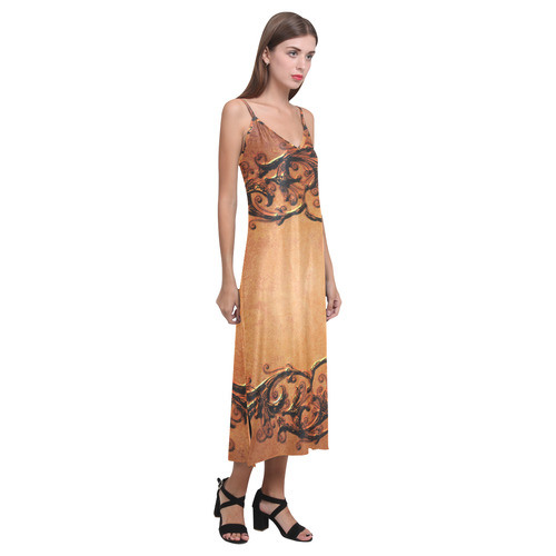 Decorative vintage design and floral elements V-Neck Open Fork Long Dress(Model D18)