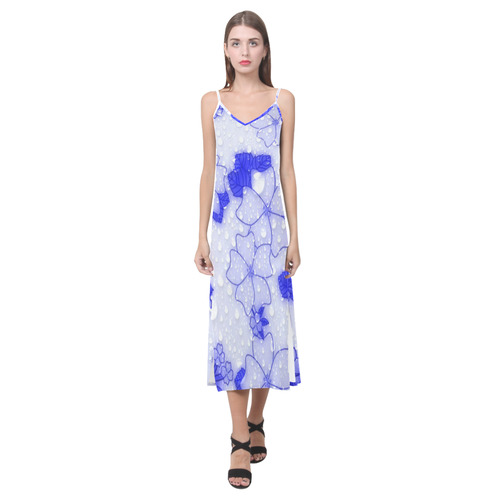 wet floral Pattern, blue V-Neck Open Fork Long Dress(Model D18)