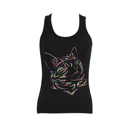 Abstract Triangle Cat Black Women's Shoulder-Free Tank Top (Model T35)