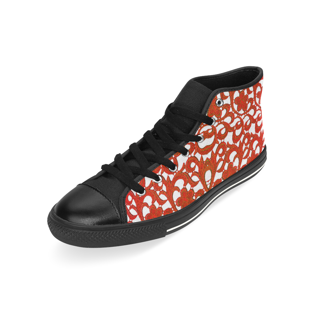 Vintage Red Floral Lace High Top Canvas Women's Shoes/Large Size (Model 017)