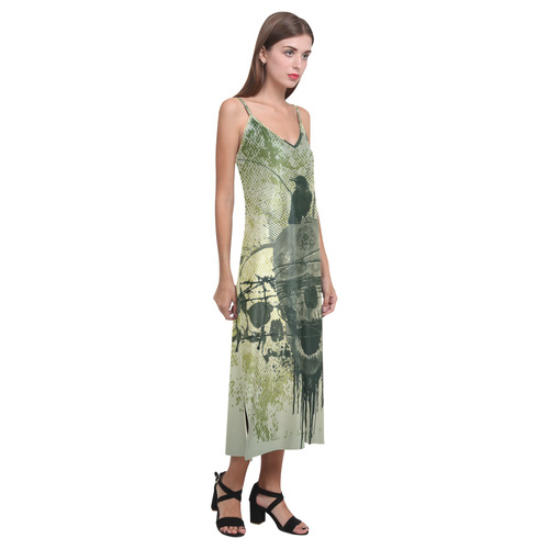 Skull in green colors V-Neck Open Fork Long Dress(Model D18)