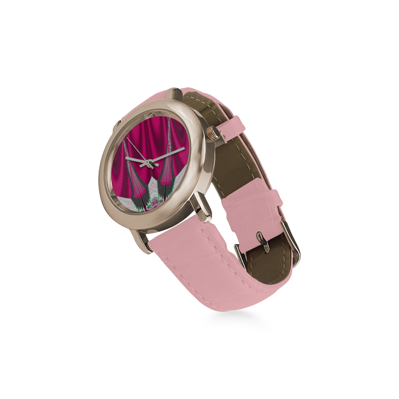 Fuchsia Pink Hibiscus Flower Fractal Women's Rose Gold Leather Strap Watch(Model 201)