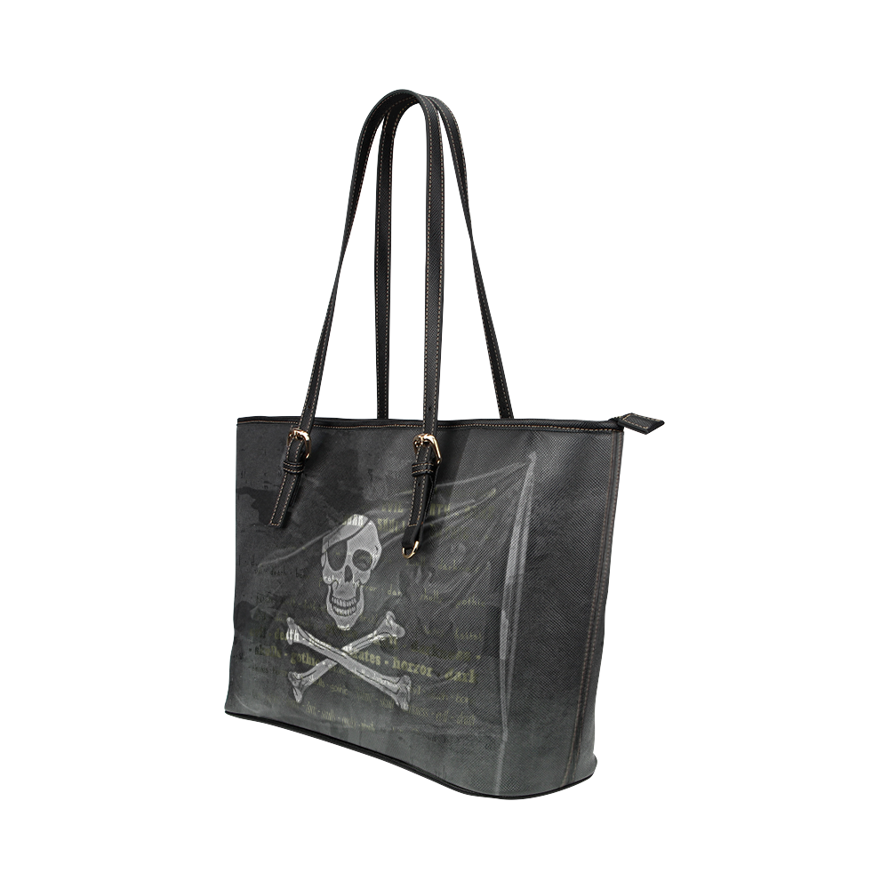 Vintage Skull Pirates Flag Leather Tote Bag/Small (Model 1651)
