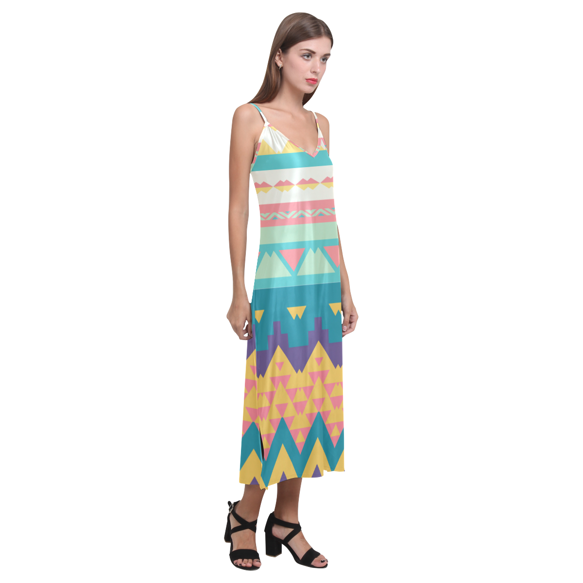 Pastel tribal design V-Neck Open Fork Long Dress(Model D18)