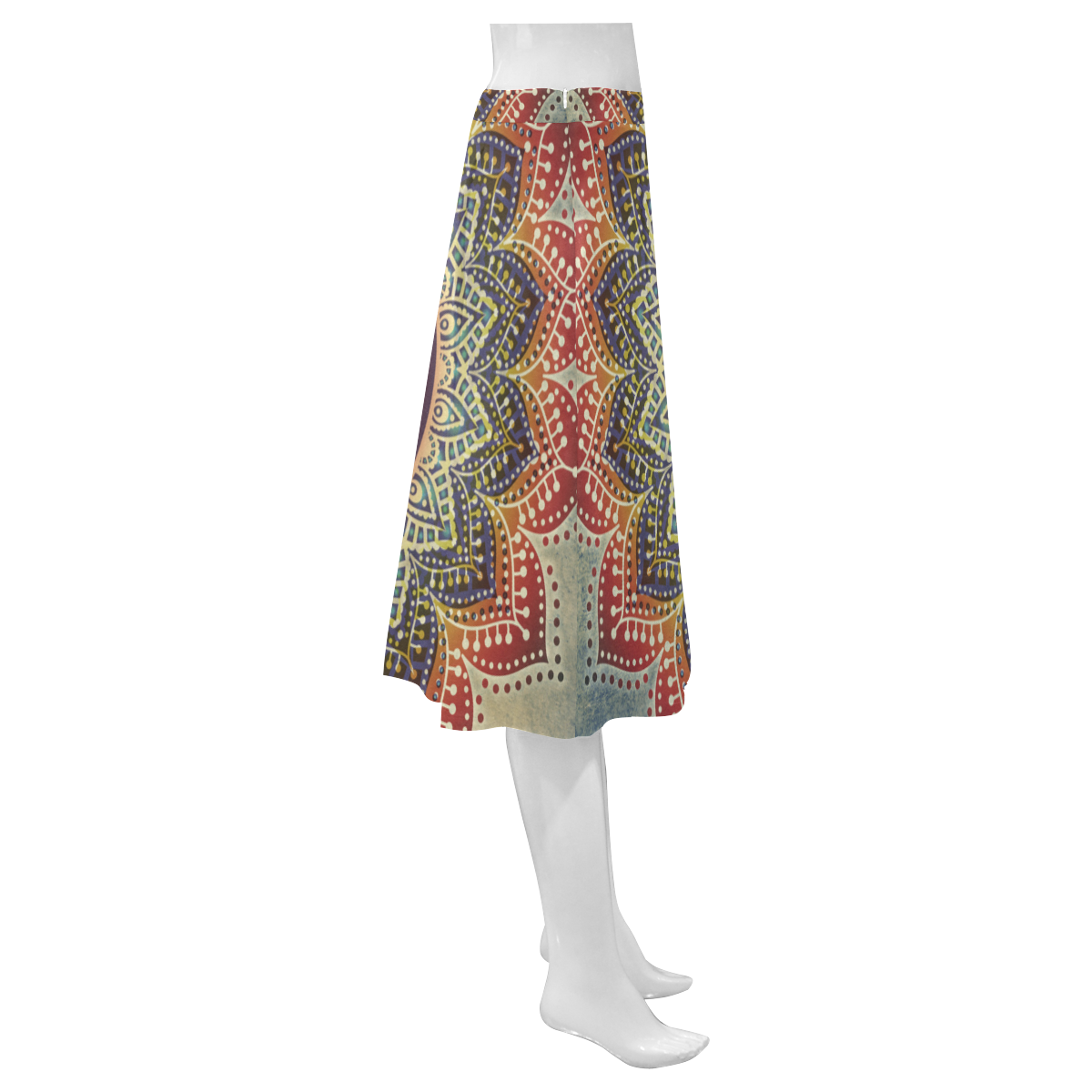 Folk Art MANDALA - dirty grunge blue red Mnemosyne Women's Crepe Skirt (Model D16)