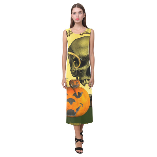 Halloween, funny pumpkins with skull Phaedra Sleeveless Open Fork Long Dress (Model D08)